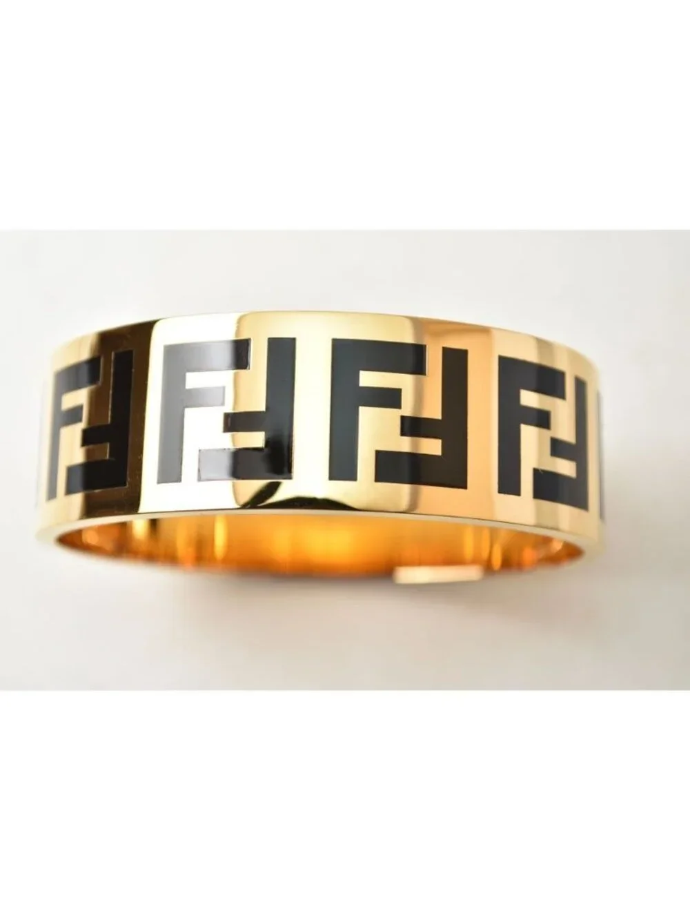 Fendi Bangle Bracelet FF Logo Black Gold Metal